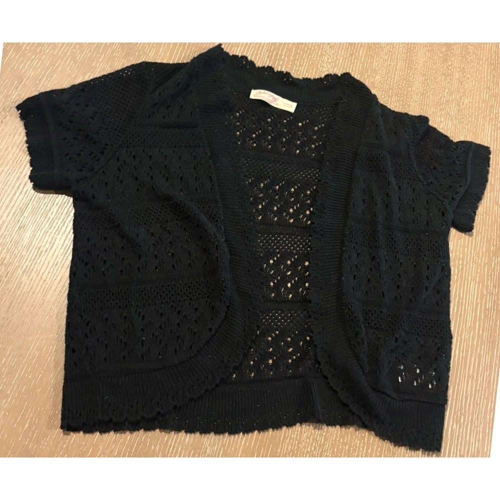 Y2K Faded Glory Womens L Black Open Knit‎ Short Sleeve Cardigan Sweater EUC